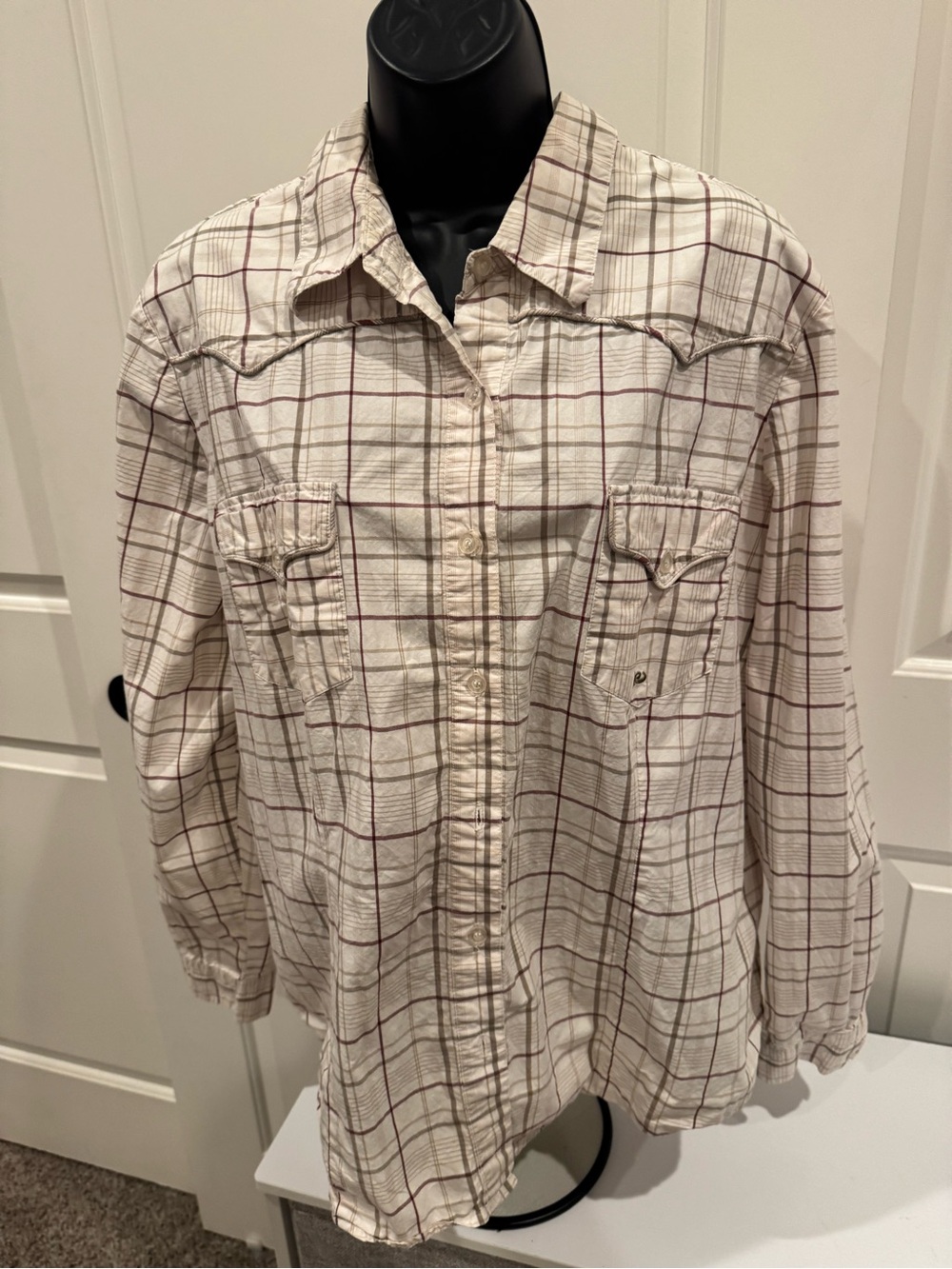 Roper Cream Plaid Button-Down Shirt with Brown and Burgundy Lines